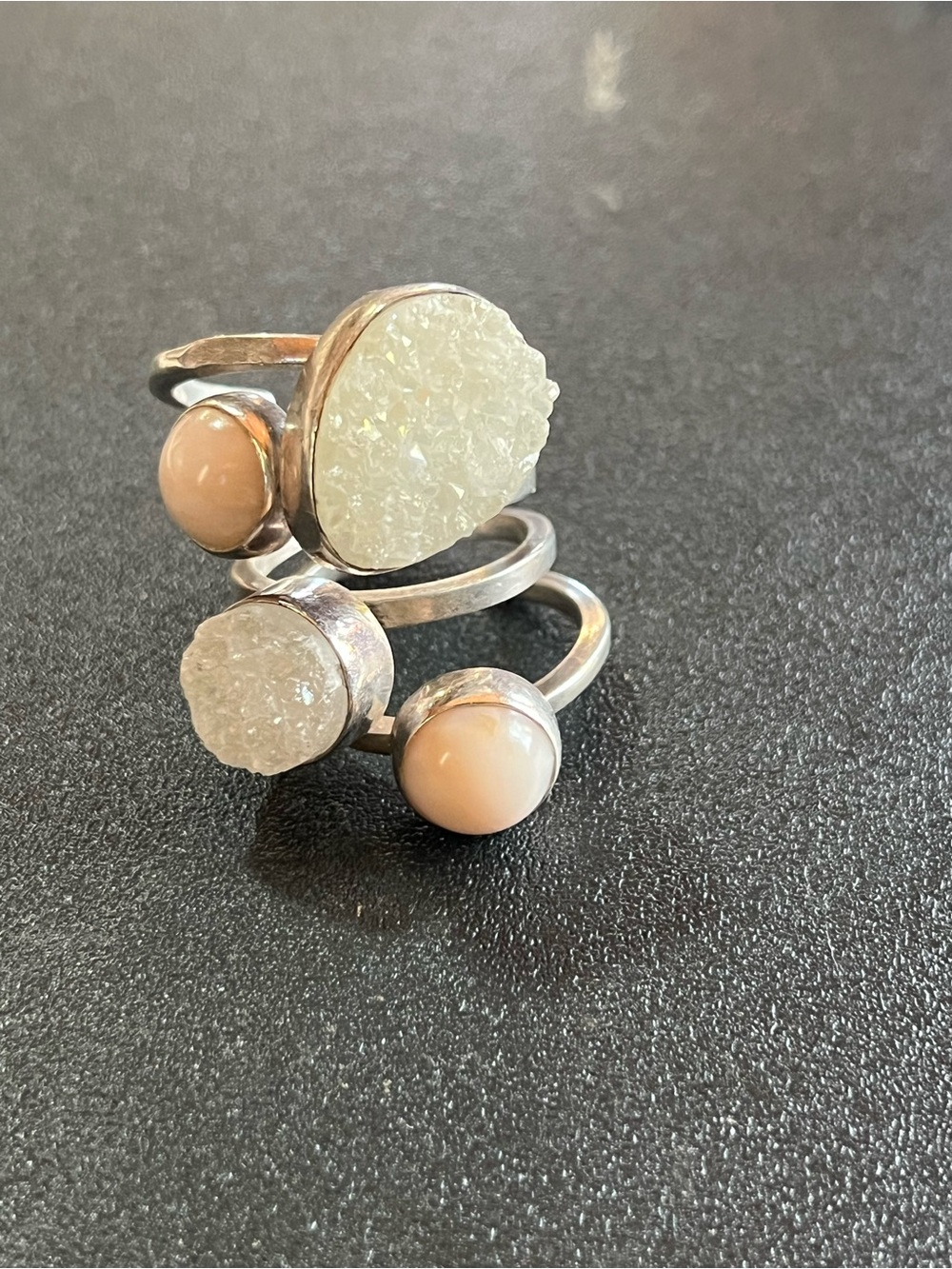 Lilly Barrack white drusy and light pink stone multi row ring. Sz 7.5-8. 925.